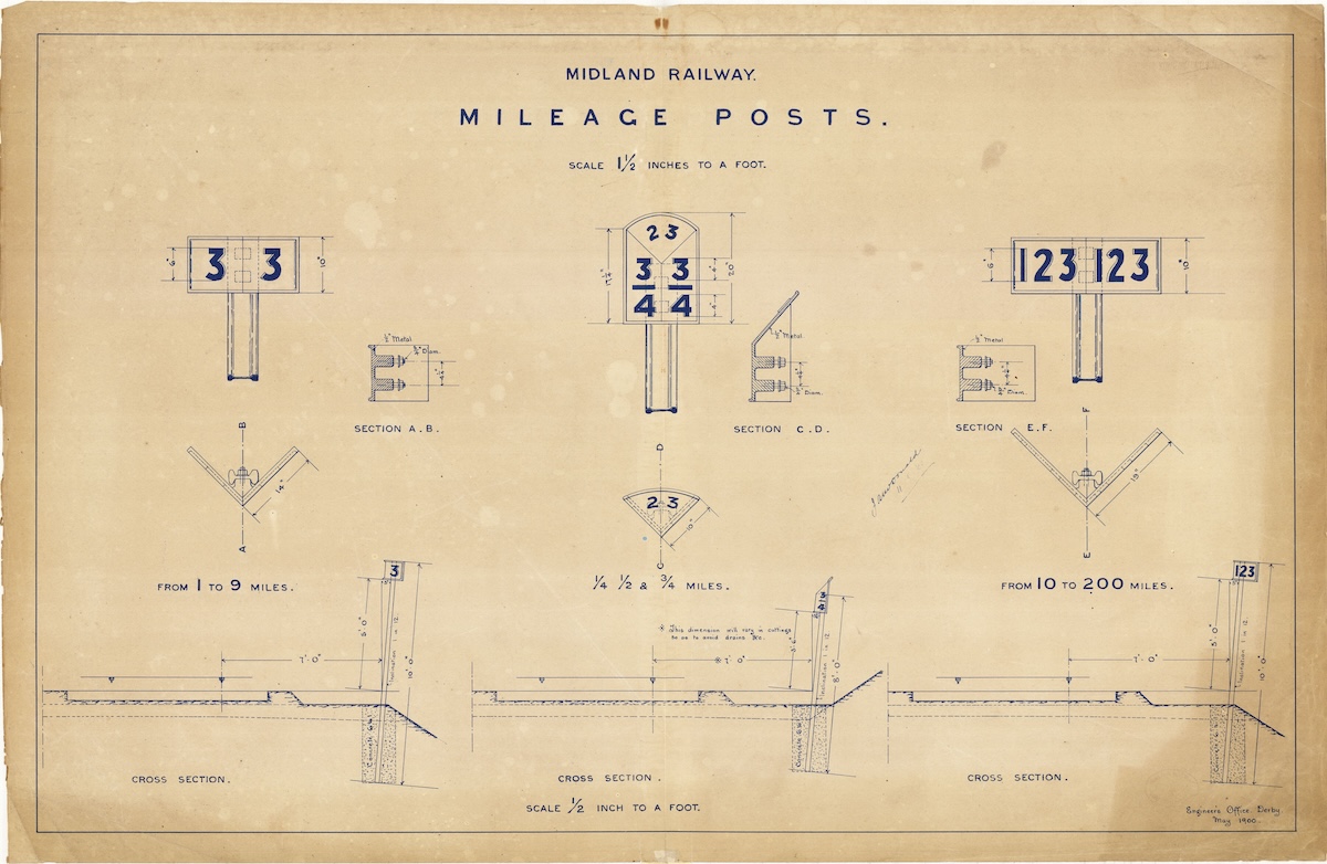 Drawing titled MIDLAND RAILWAY. MILEAGE POSTS. SCALE 1½ INCHES TO A FOOT. Issued by the Midland Railway Engineer's Office, Derby, May 1900