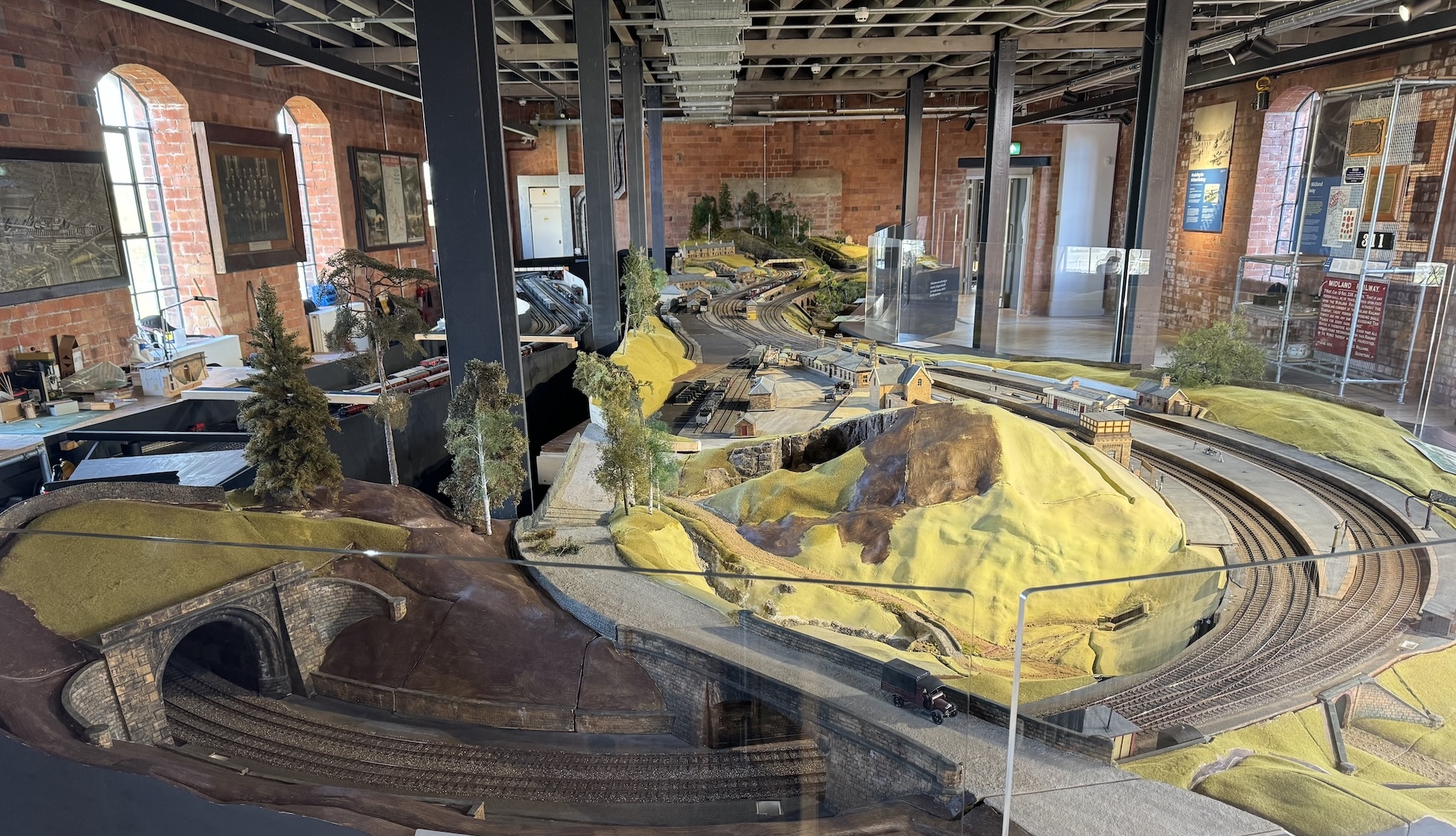 A wide view of the 7mm to the foot scale model railway located in the Musuerm of Making at derby which represents the Midland Railwasy in rural mid-Derbyshire in 1906.
