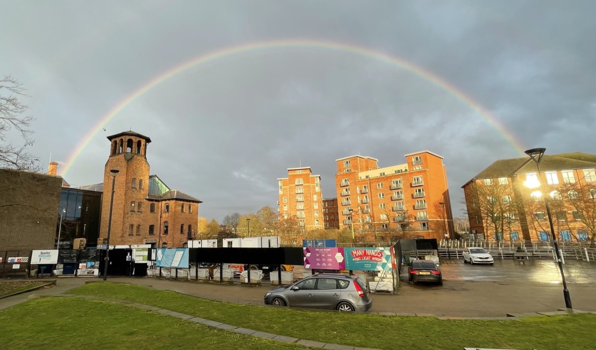 A magnificent rainbow over the Silk Mill and the River Derwent beyond