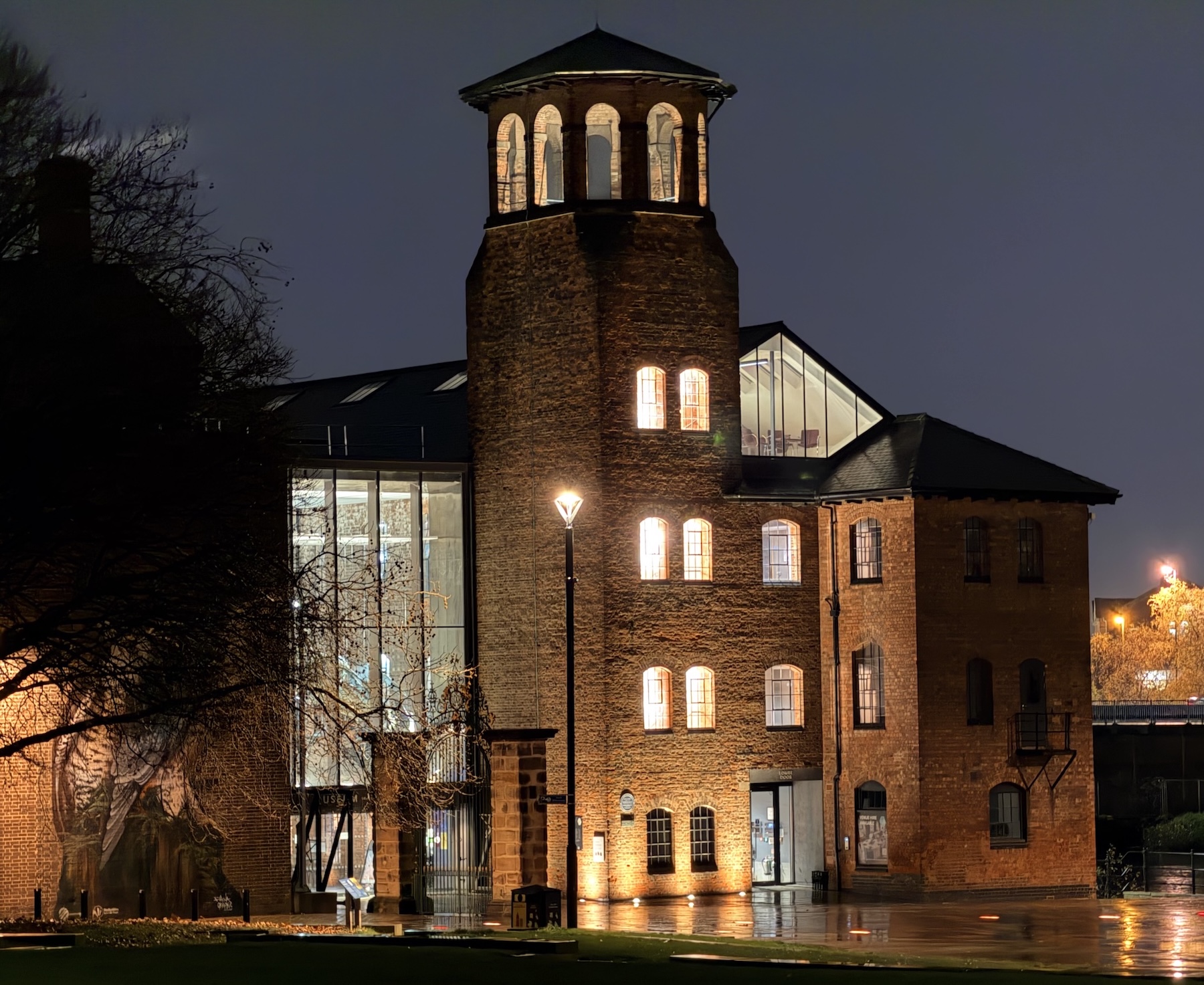 A view of the Silk Mill at Derby, all lit up in the darkness of a wet December evening.