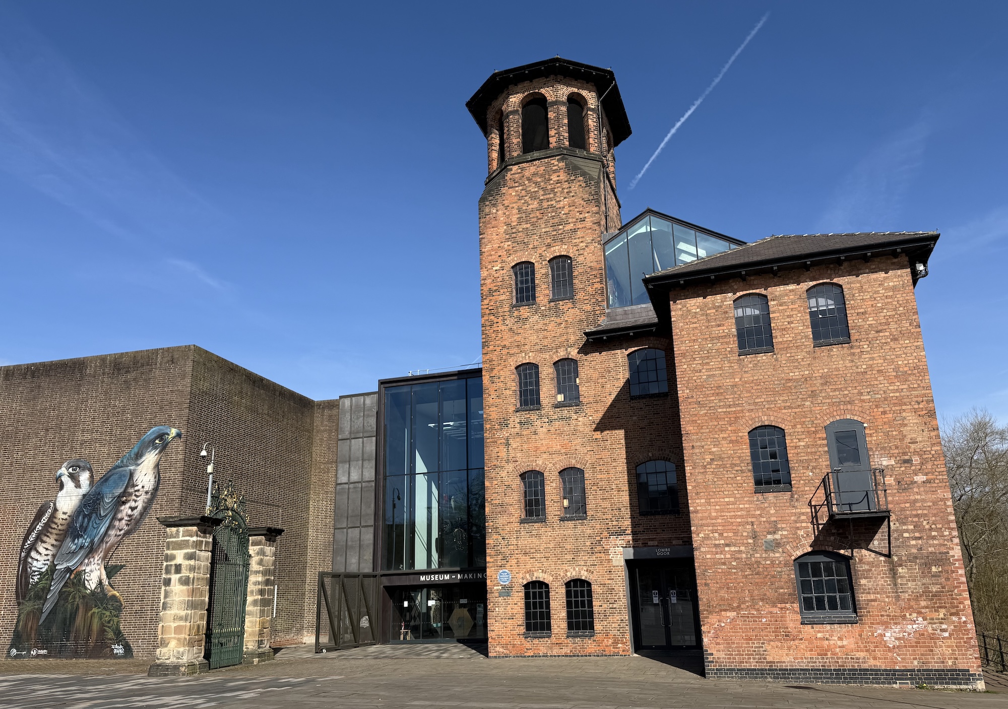 The Museum of Making in Derby's Silk Mill in brigbht low spring sunshine