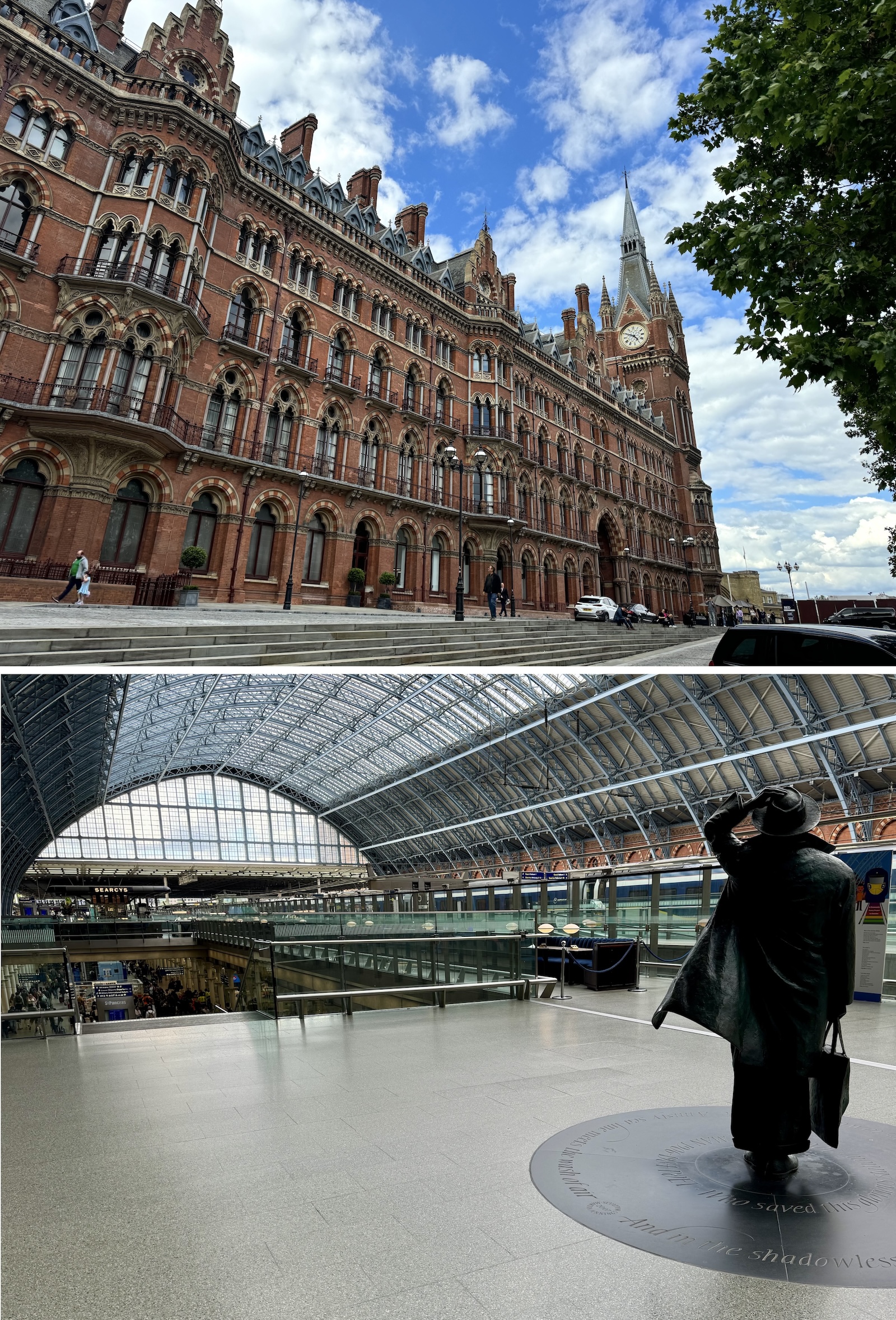A pair of photographs of St. Pancras Station taken in June 2024. The top one is of the frontage, showing George Gilbert Scott's hotel with its promoinent clock tower. The lower image features the over-lifesize bronze statue of Sir John Betjeman gazing out in front of us over the vast expanse of the train shed at St Pancras station.