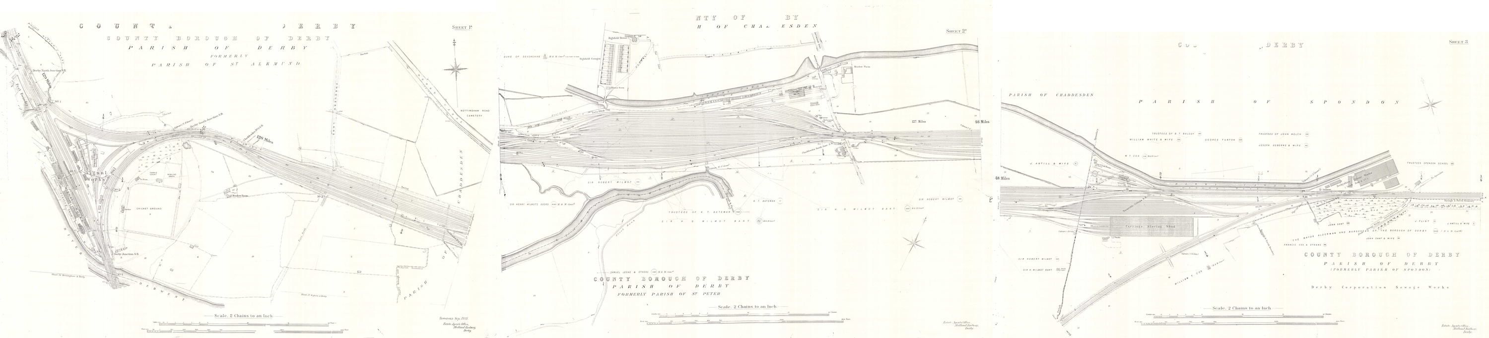 A compilation of three Midland Railway two chains to the inch land plans of Chaddesden Sidings - each sheet of which can be downloaded here