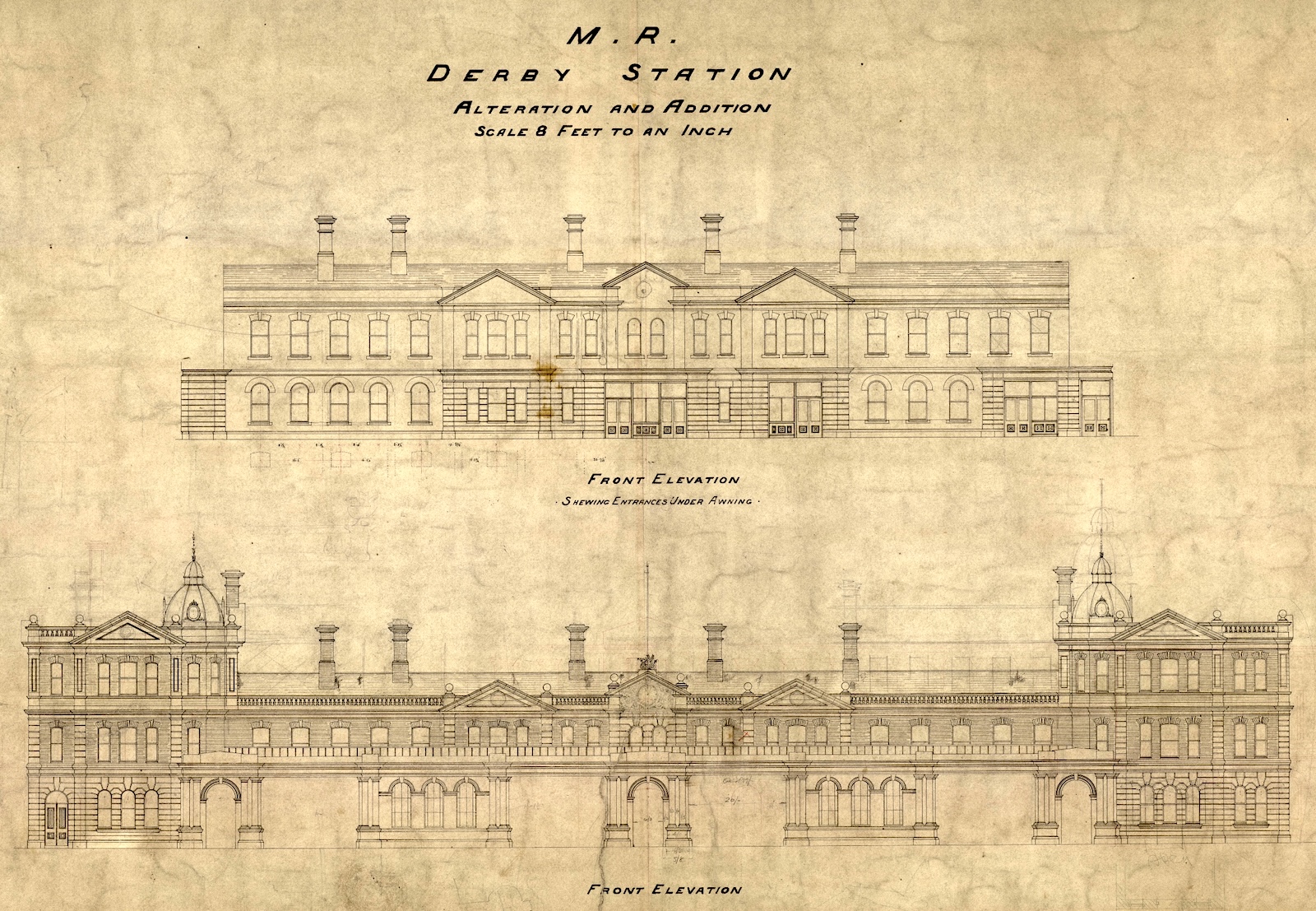 An extract from a drawing, almost ceertainly the product of Charles Trubshaw's pen, showing the frontage of Derby station as rebuilt in 1892.