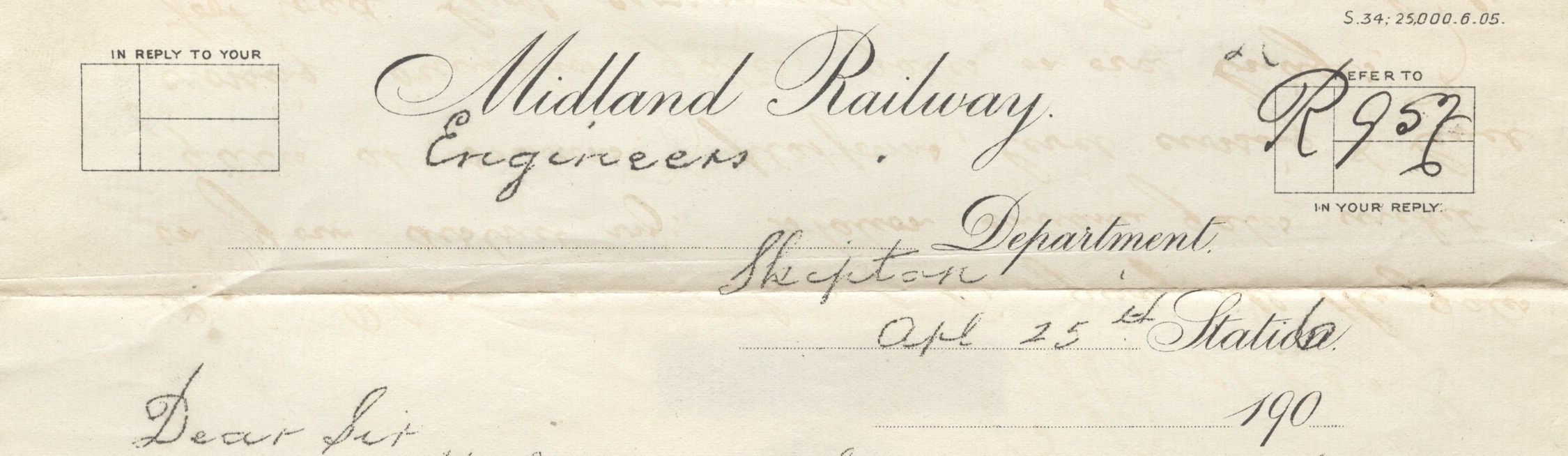 A break-section banner which reads MIDLAND RAILWAY. Engineers Department Skipton April 25th 1906