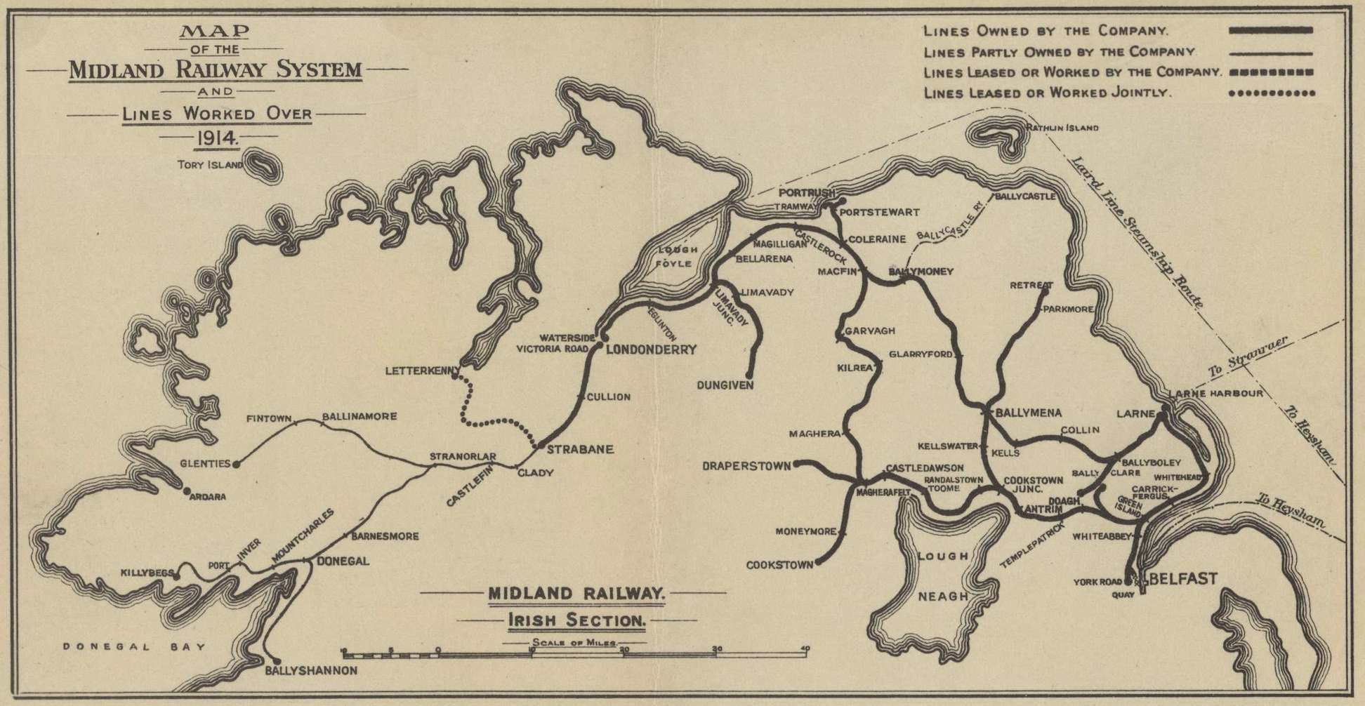 A map of the north or Ireland date 1914 showing the routes owned or jointly operated by the Midland Railway