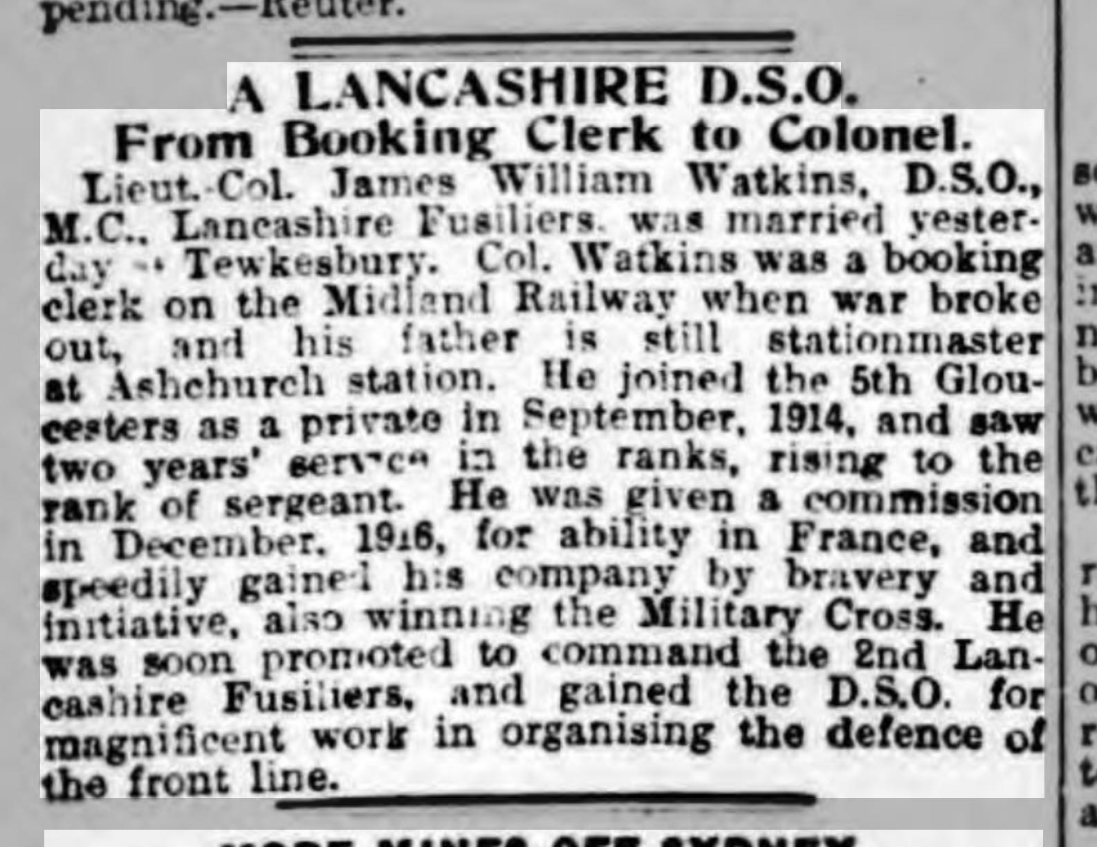 Press clipping from the Manchester Evening News 16 August 1918 relating to James Watkins marriage and a short biography