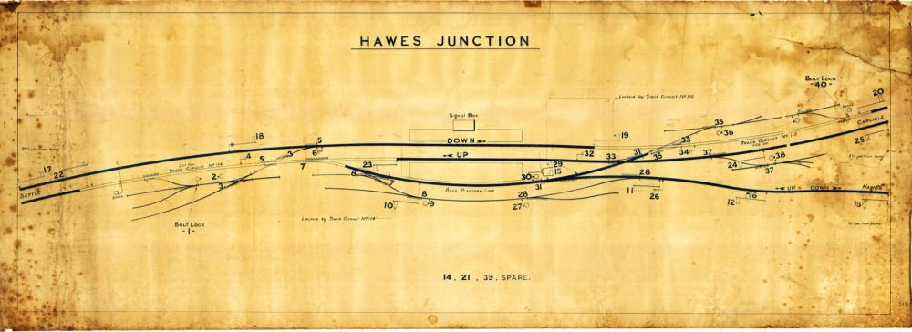A signal box diagram for Hawes Junction signal box