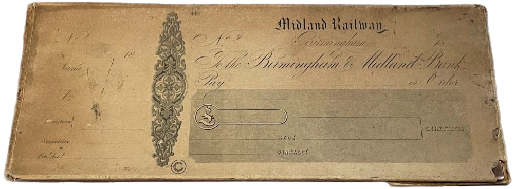 RFB23496: Copper printing plate for Midland Railway cheques payable on The Birmingham & Midland Bank.  PP date 18.  Contained in paper envelope printed with copy of cheque