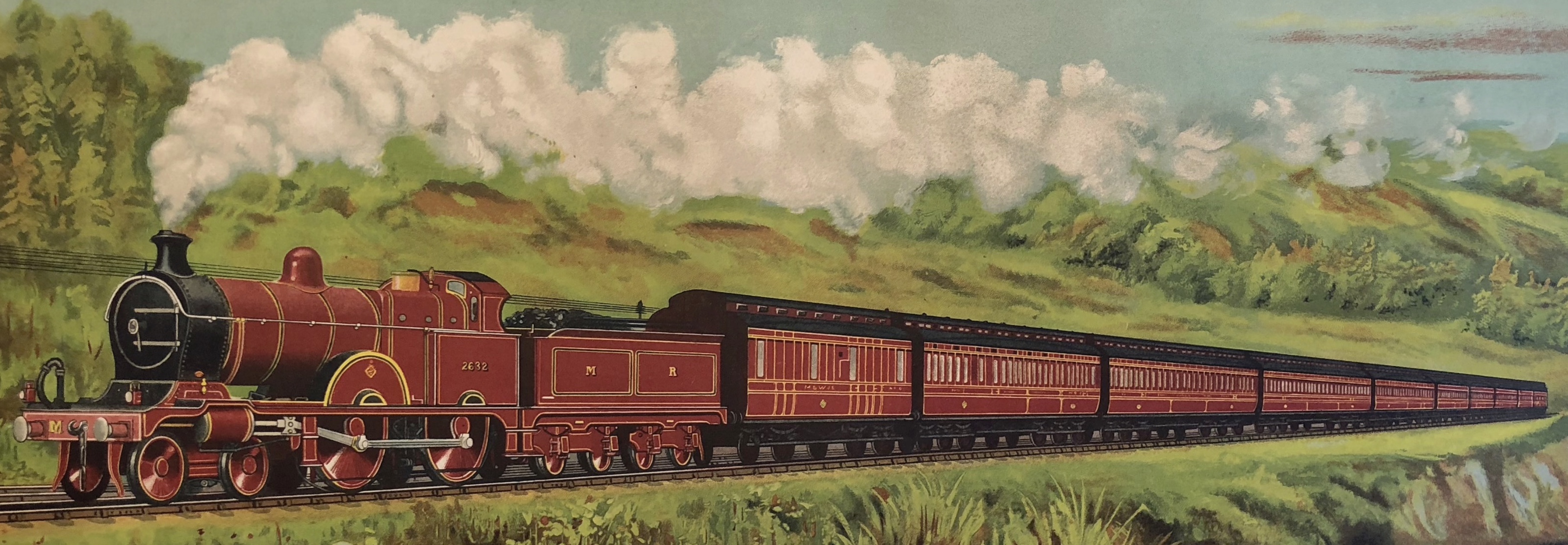 A break-section banner formed of a colourful painting of a Midland Railway Express Passenger Train in a Rural Setting