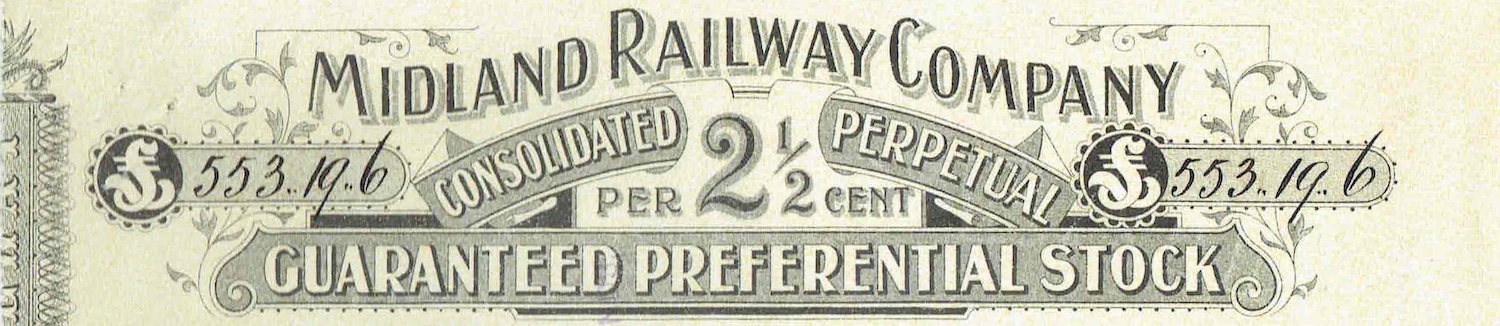 A break-section banner fomred by the decorative heading of a Midland Railway Share Certificate