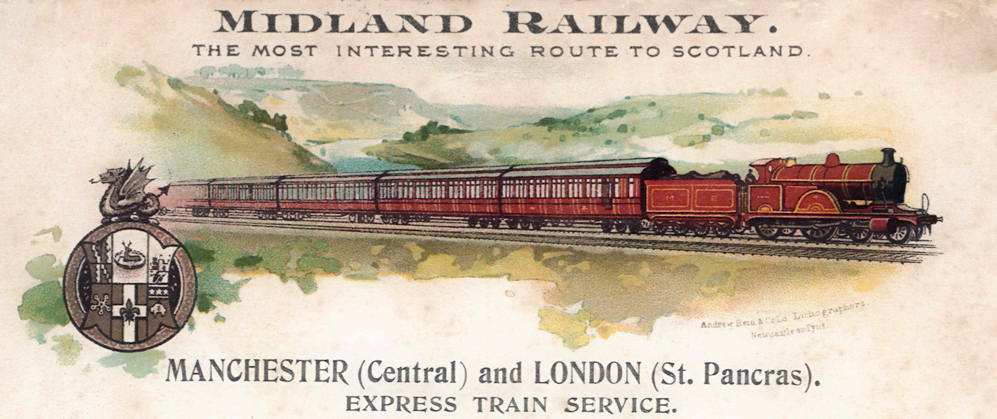 The illustrated header from a Midland Railway timetable adverting the St. Pancras to Manchester Central service titled The Most Interesting Route to Scotland using a crimson lake liveried 4-4-0 at the head of a clerstory roofed passenger train passing through picturesque countryside